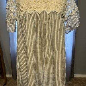 2 for $10 sale! Blue Striped Dress with Lace Accent